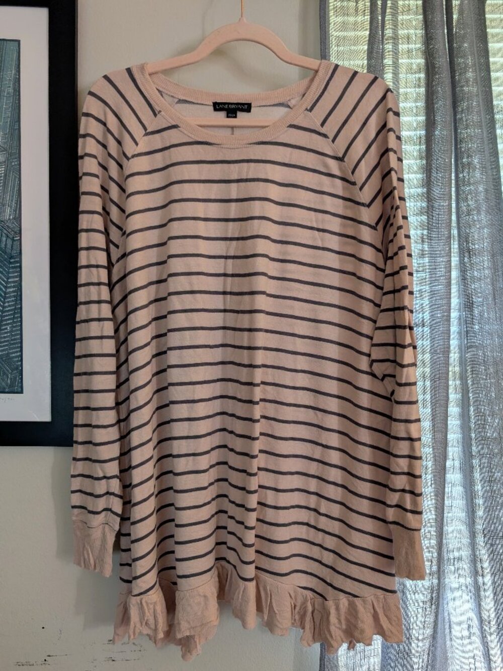 Lane Bryant Long Sleeve Peach Striped Blouse with Ruffle Bottom Size 22/24